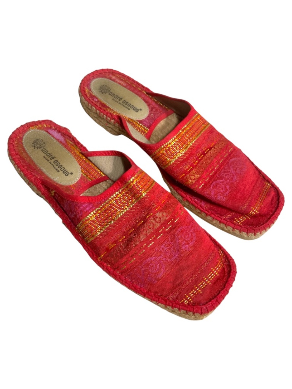 Andre Assous Brocade Espadrille Mules 9.5 Square Toe Flat Jacquard Ethnic Red